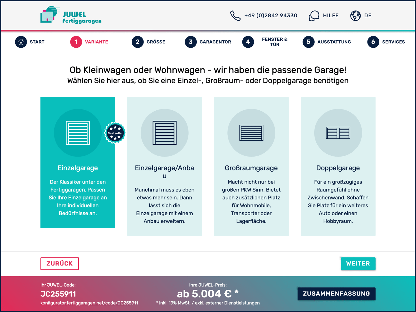Garagenkonfigurator für JUWEL Fertiggaragen aus Beton